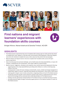 Cover page from First Nations and migrant learners experiences with foundation skills courses - Research summary